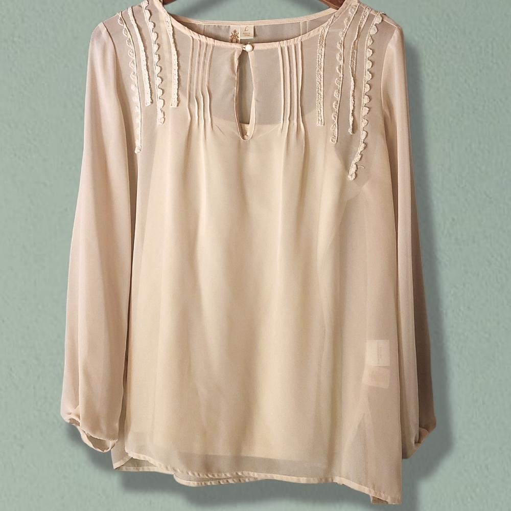 Adiva Pale Pink Sheer Peasant Blouse with Keyhole Neck size L